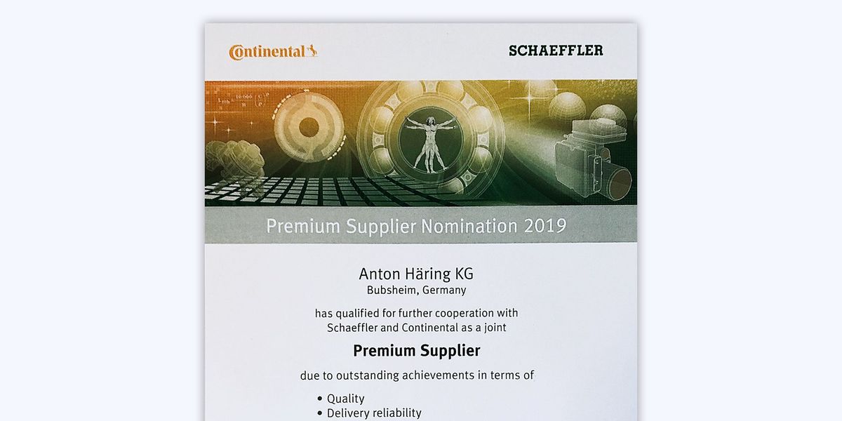 Auszeichnung von Continental der Häring Supplier Award "Premium Supplier Nomination"
